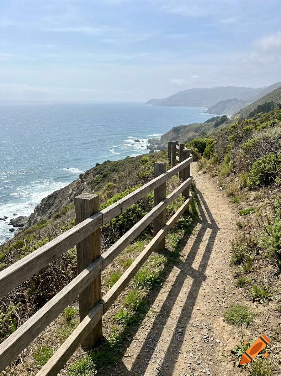 Photorealistic coastal view featuring a wooden fence along a dirt hiking path overlooking the ocean and cliffs.