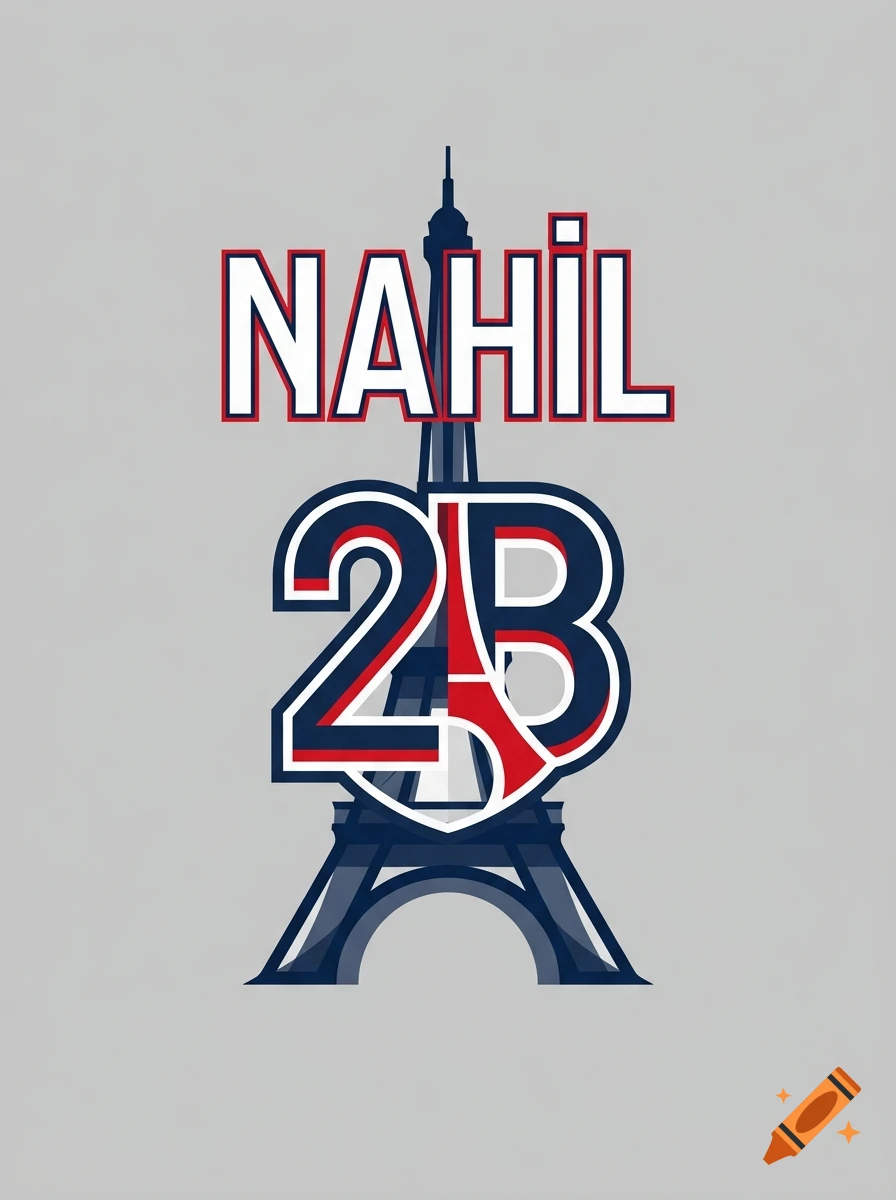 Football jersey back print with the text NAHIL and the Eiffel Tower graphic symbol.