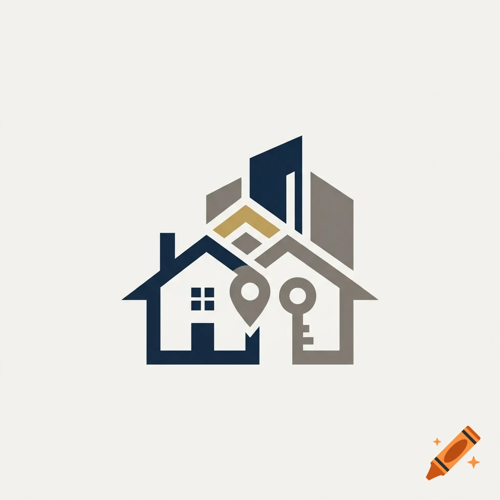 A minimalist real estate logo combining a house, building, location pin, and key shape in blue, brown, and gold.