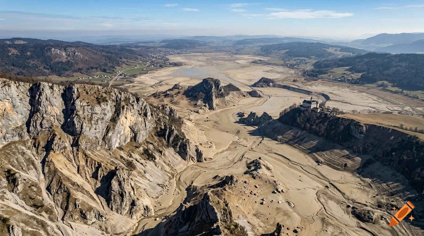 Wide-angle photorealistic landscape of a dry lake basin with rocky cliffs and a small castle perched on the right shore.