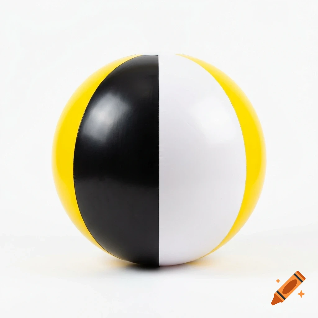 An inflatable beach ball featuring vertical stripes of black, white, and yellow against a plain white background.