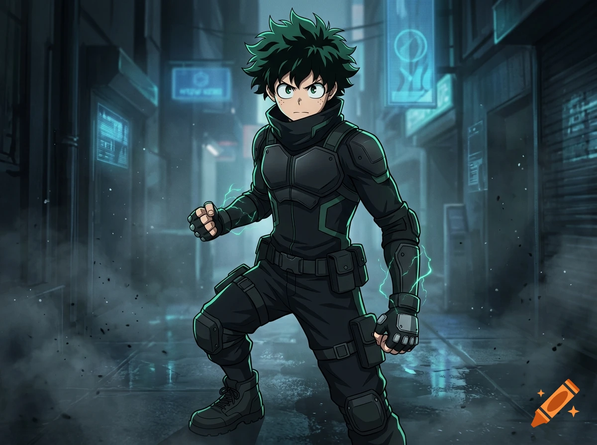 Anime style illustration of a male character in a dark stealth suit with glowing green energy in a city alleyway.