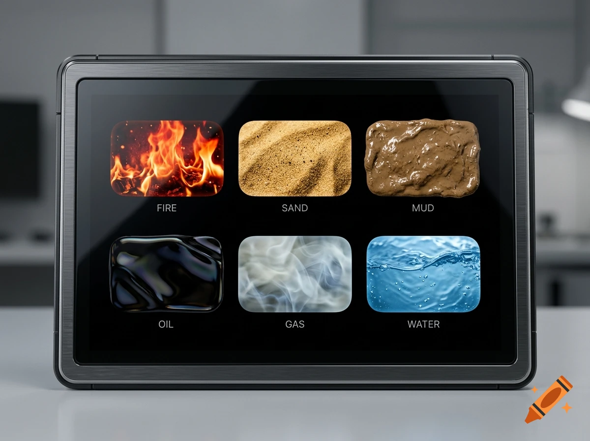 A sleek digital tablet displaying six squares representing fire, sand, mud, oil, gas, and water with corresponding labels.