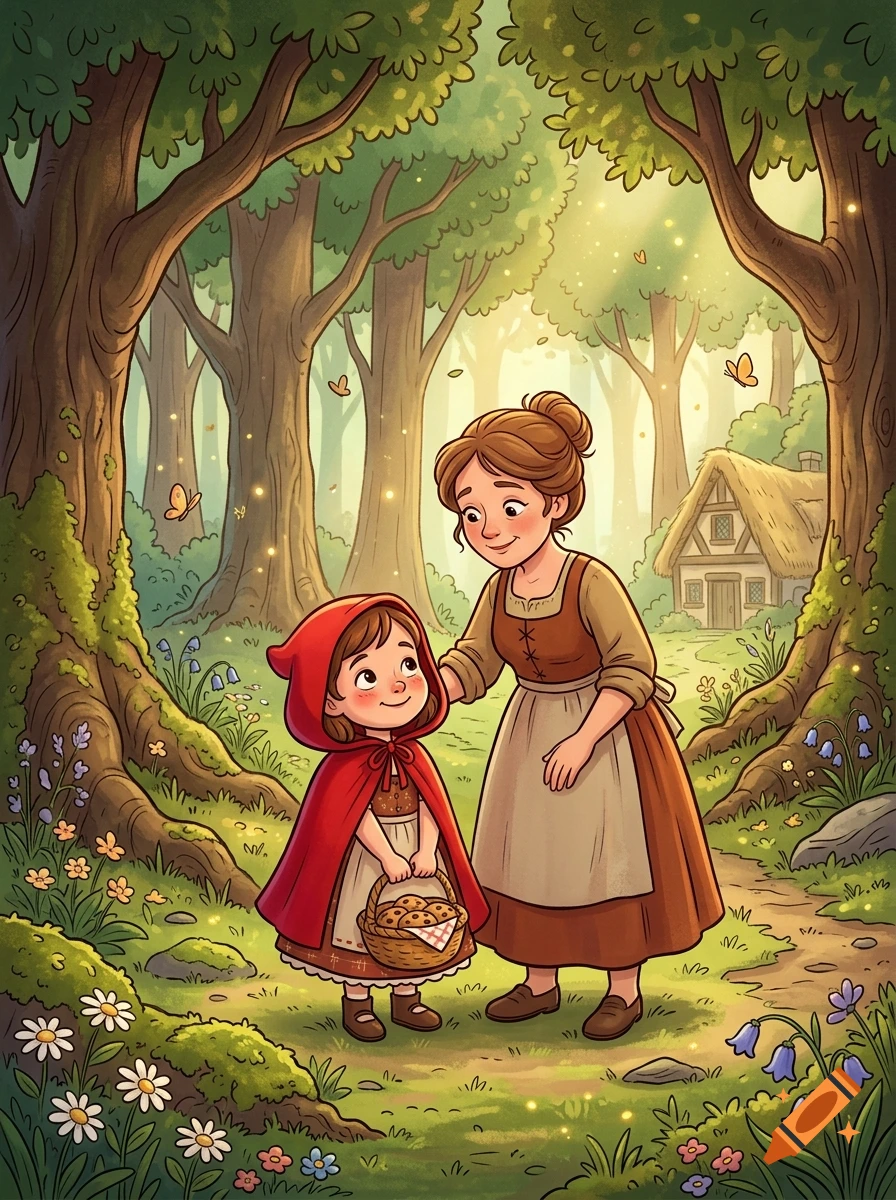 Cartoon illustration of Little Red Riding Hood with a basket of cookies standing next to her mother in a lush green forest.