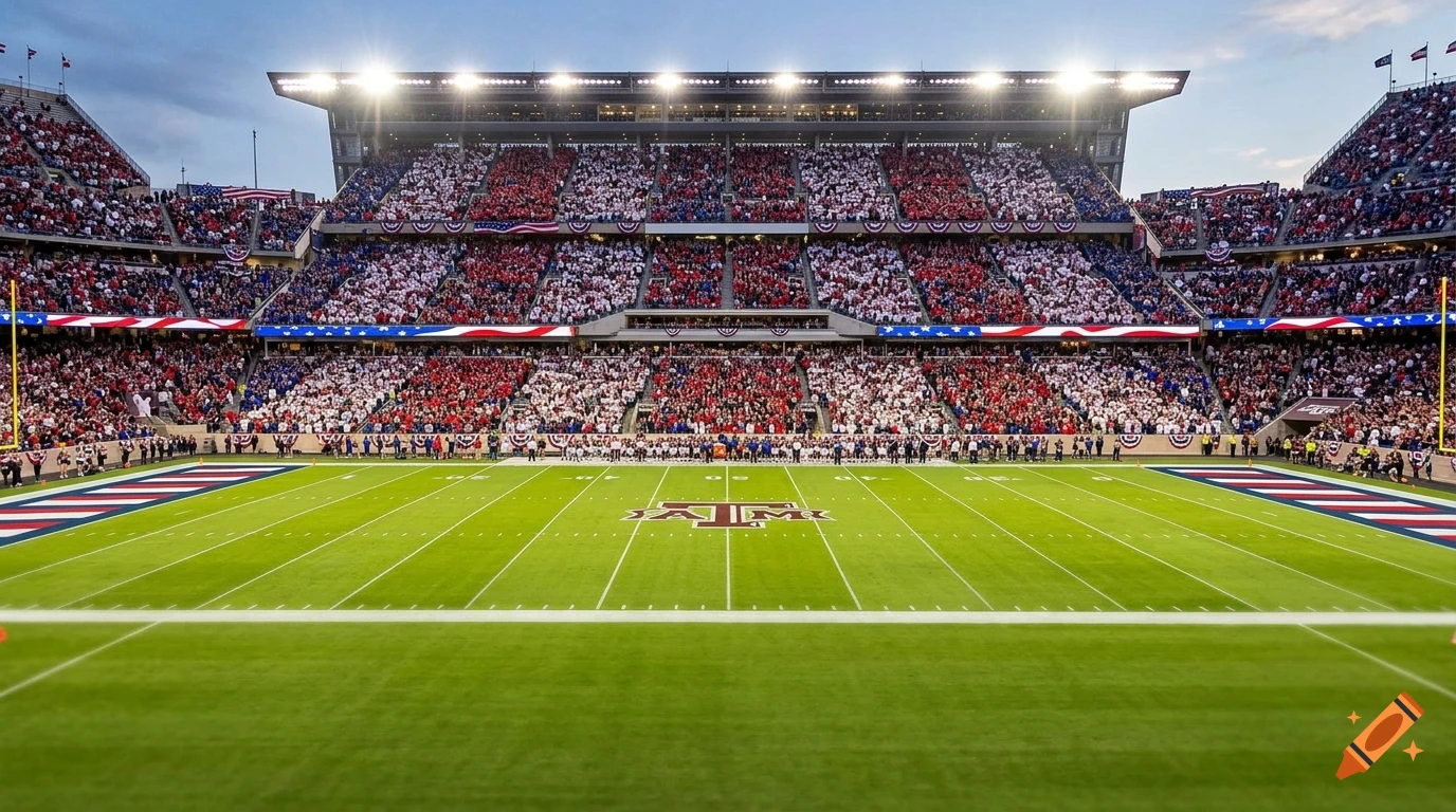 Photorealistic view of an empty American football stadium with a large red, white, and blue crowd.