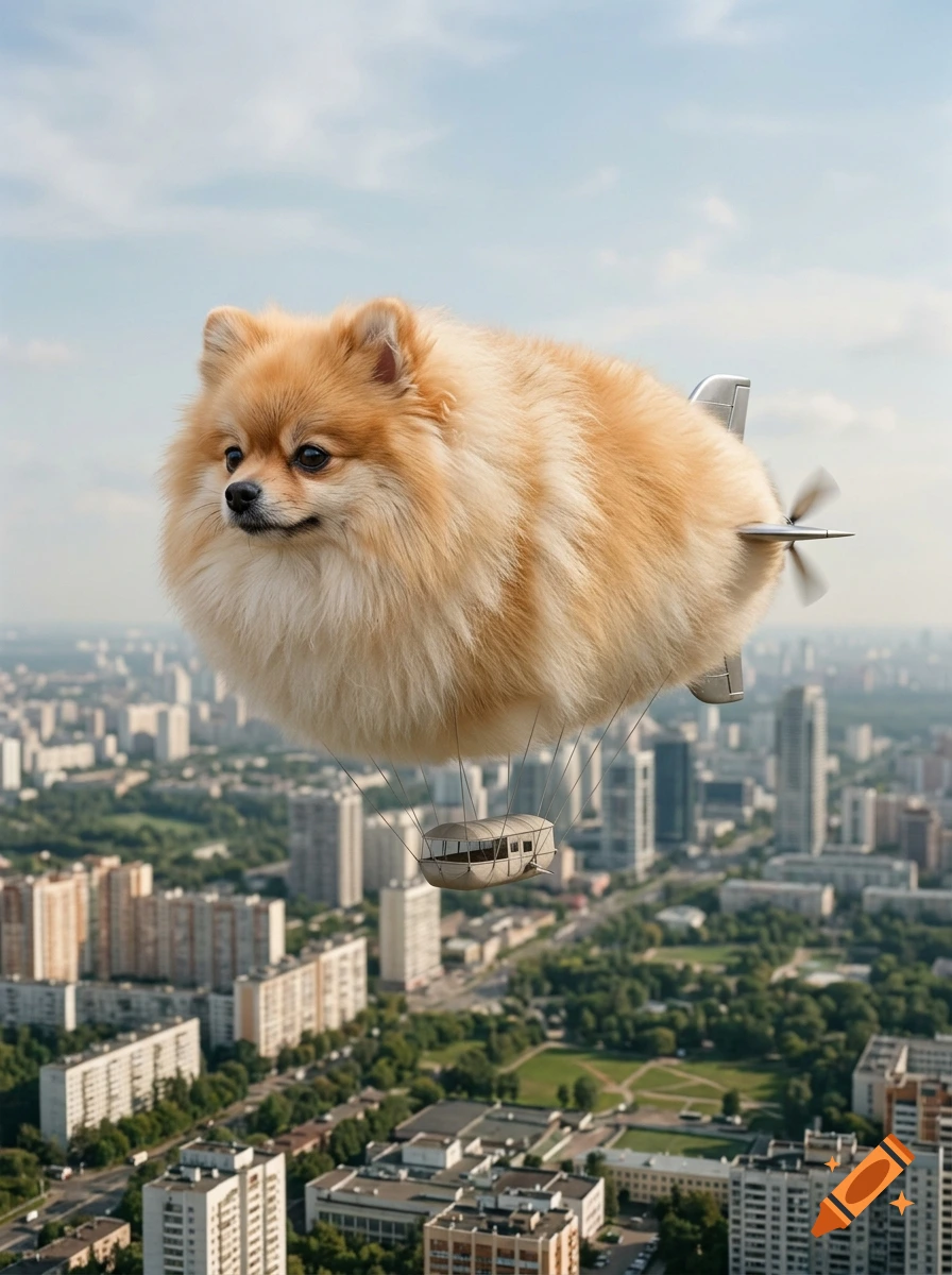 Photorealistic image of a fluffy Pomeranian dog shaped like a blimp, floating in the sky above a city.