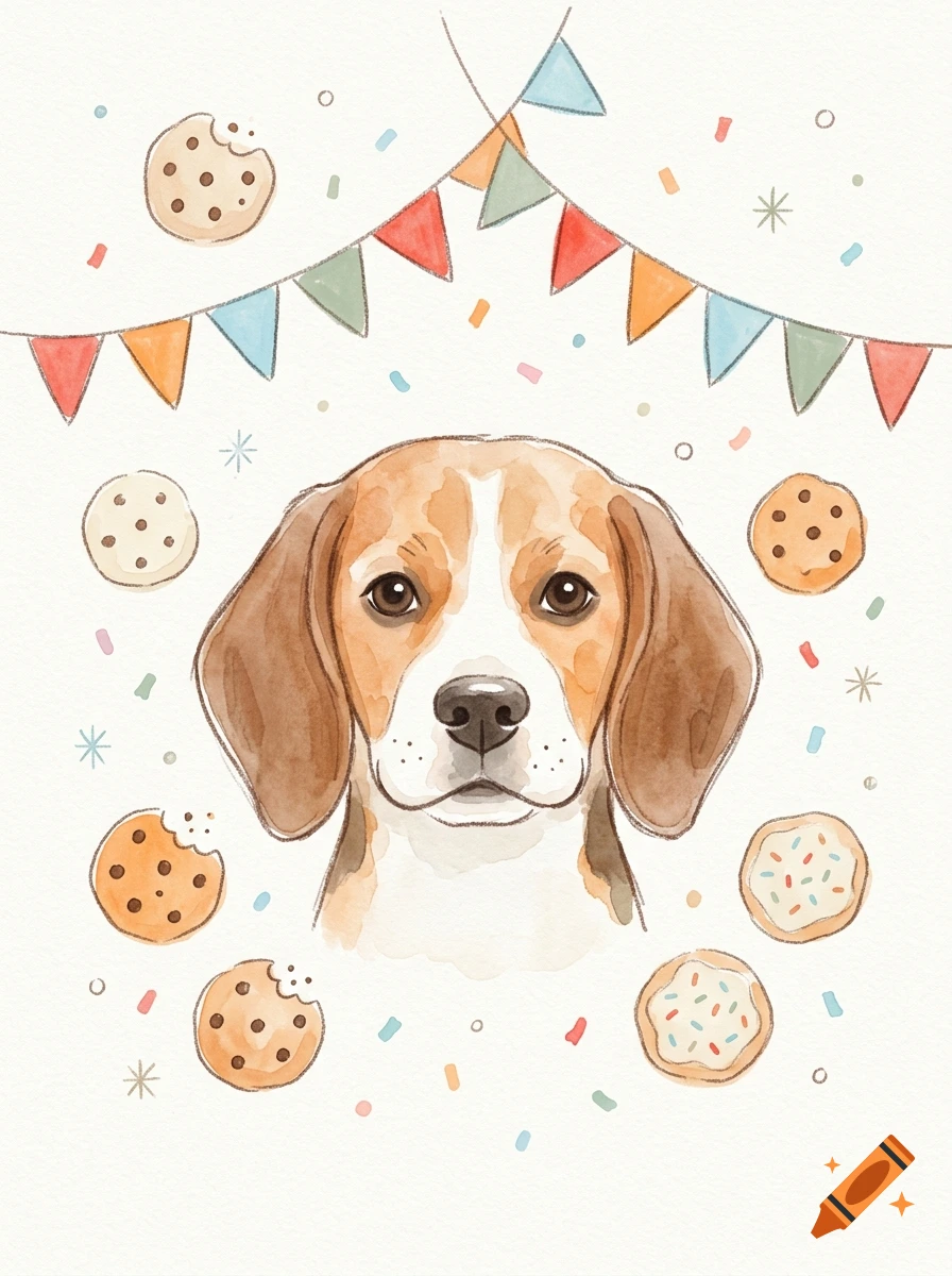 Watercolor illustration of a beagle head surrounded by cookies, confetti, and a pennant banner on a white background.