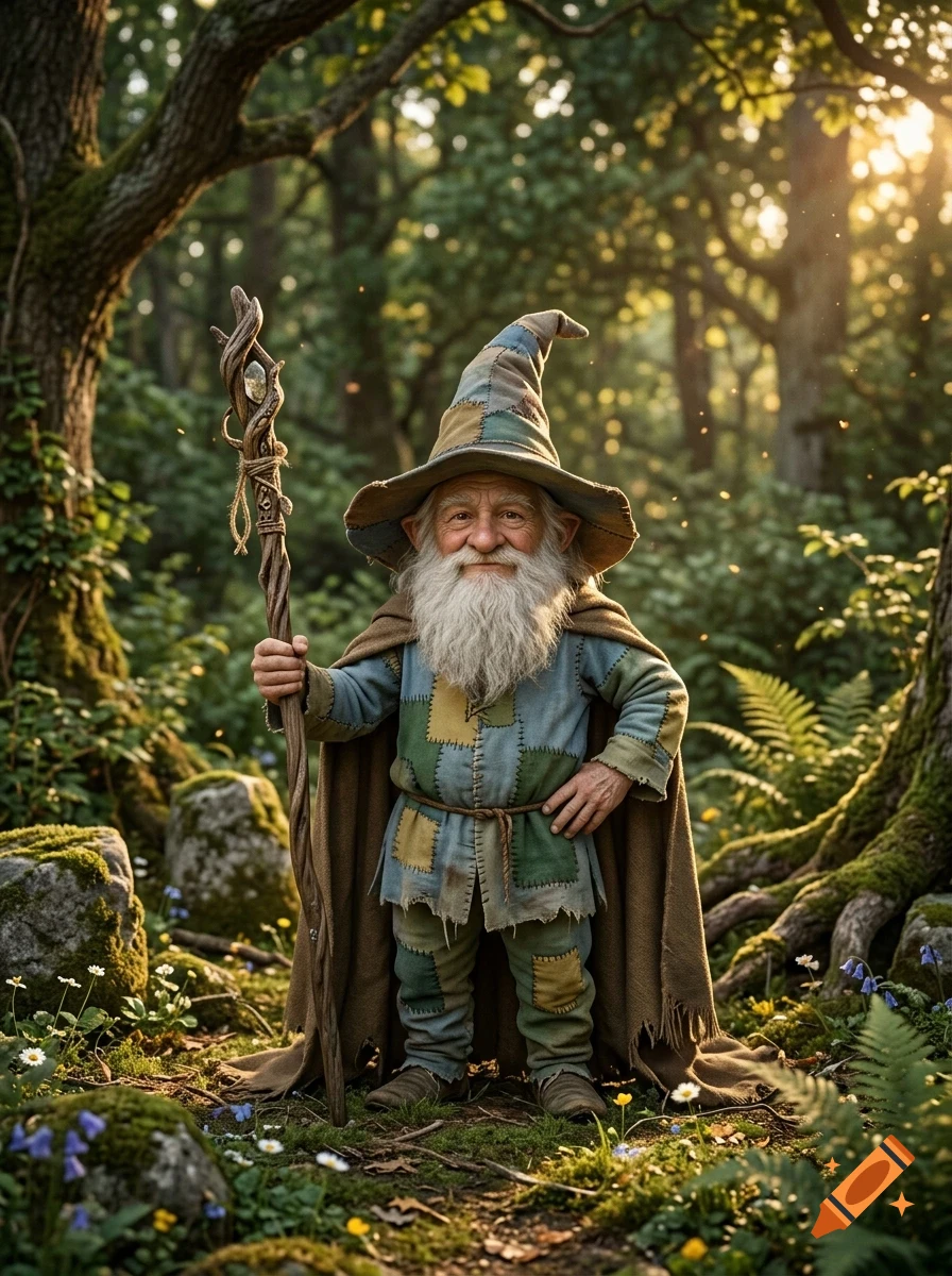 An elderly male gnome with a long white beard, wearing a patchwork tunic and hat and holding a wooden staff, stands in a sunlit forest.