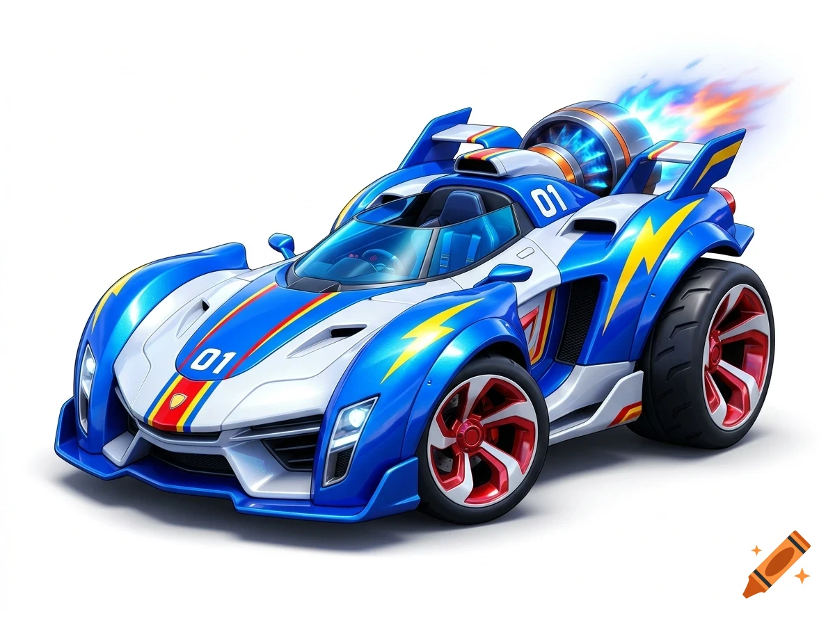 A futuristic blue and white racing car with large red-accented wheels and a glowing jet engine exhaust at the back.