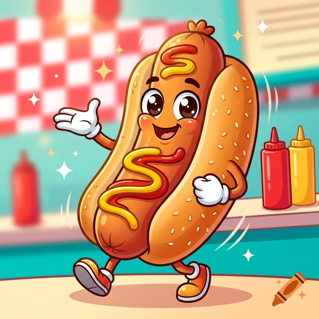 Digital illustration of a cheerful, smiling hot dog mascot with arms, legs, and mustard and ketchup toppings in a diner setting.