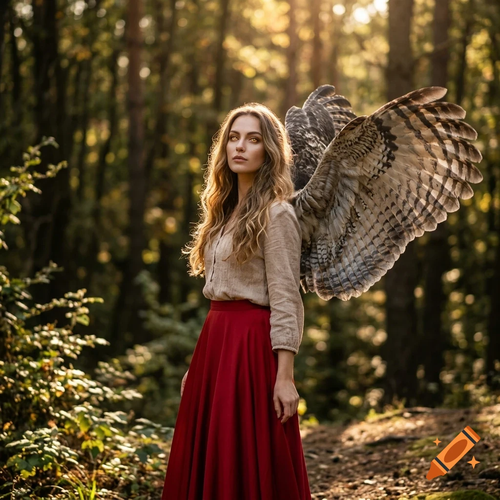 A woman with long wavy hair and large owl-like wings stands in a sunlit forest, wearing a beige blouse and a long red skirt.