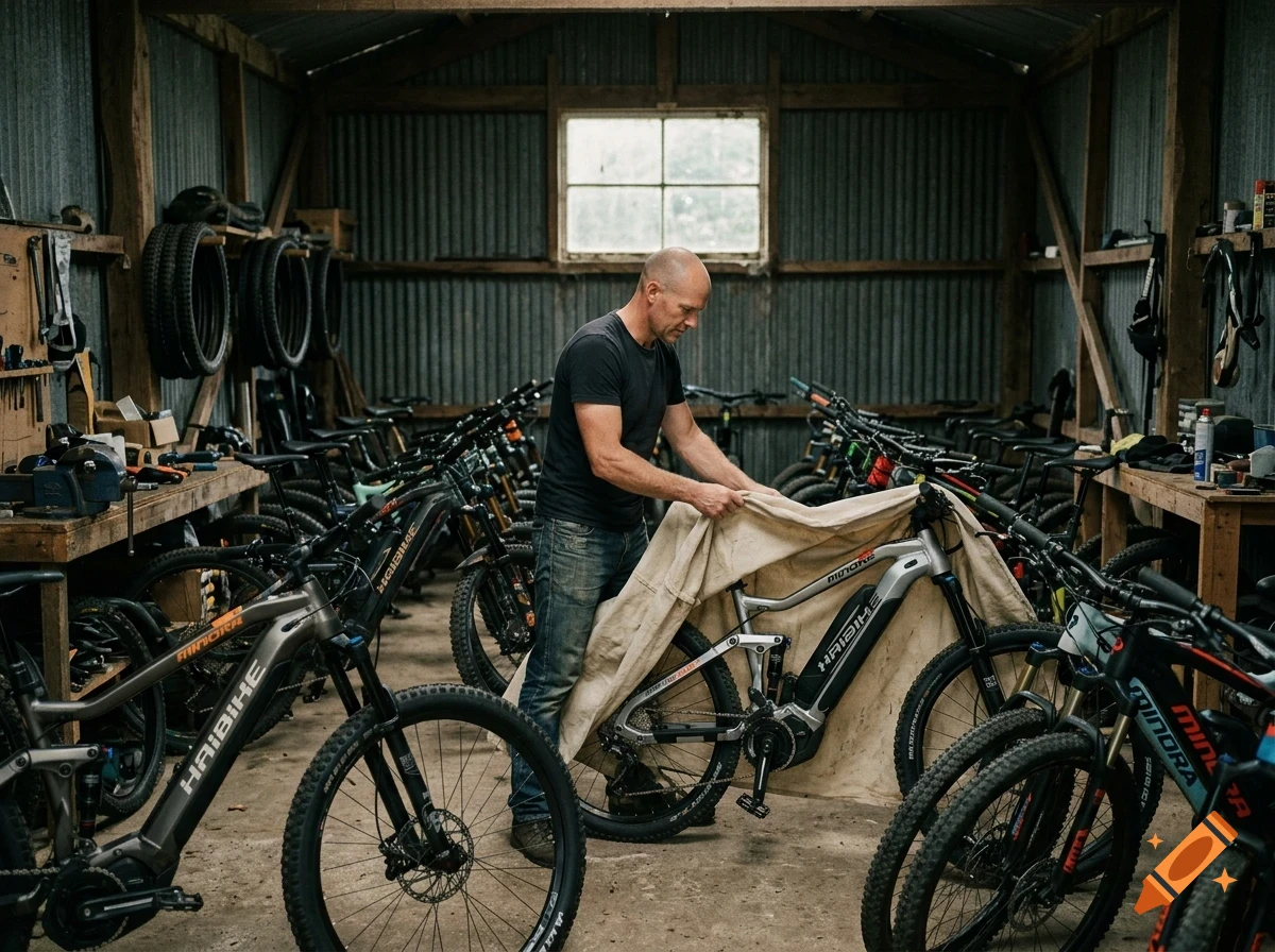 A man stands in a shed filled with bicycles, uncovering a bicycle with a cloth.