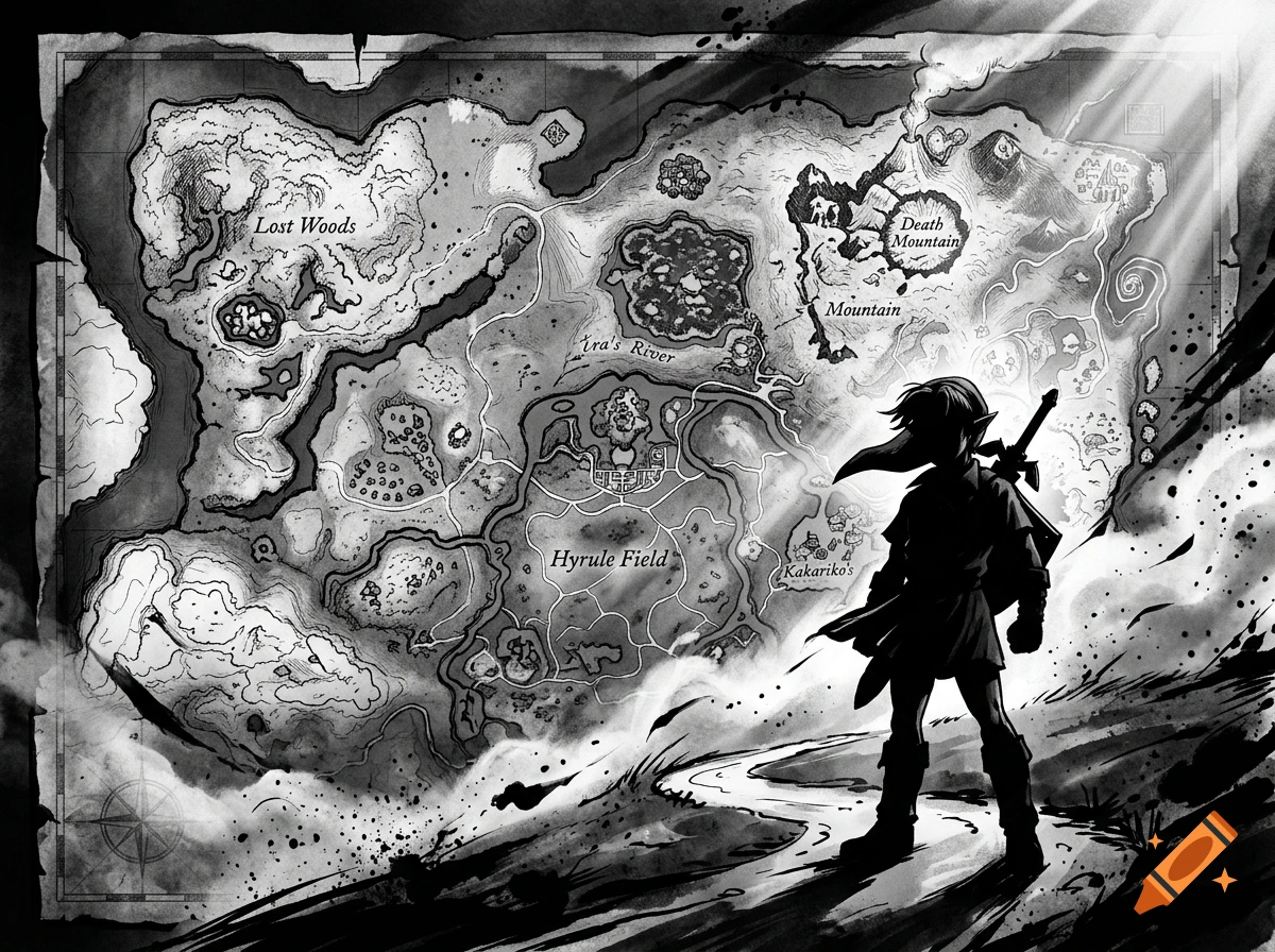 A silhouetted warrior with a sword and shield stands on a cliff overlooking a detailed fantasy map of Hyrule, featuring landmarks like Death Mountain and Lost Woods.