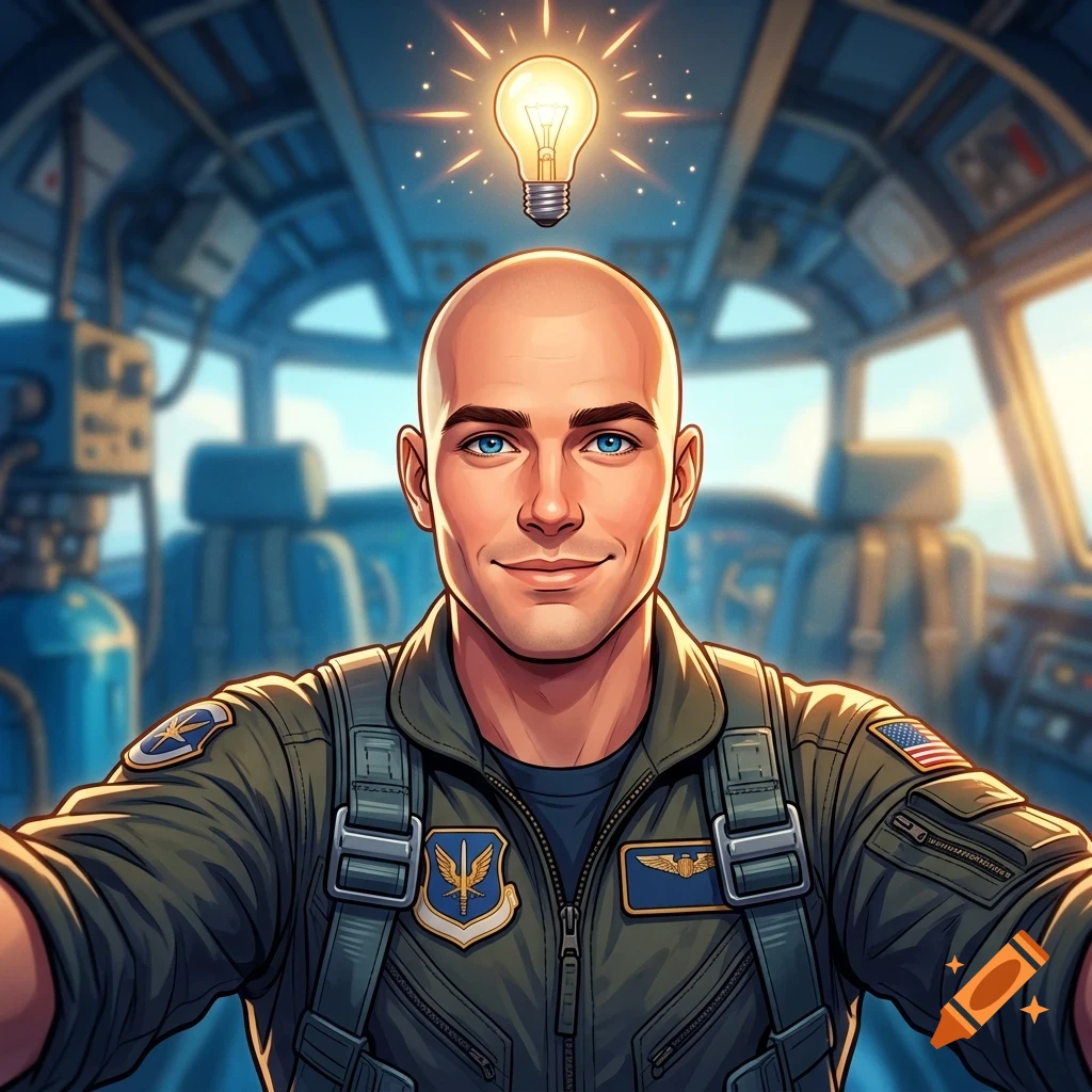 A smiling bald pilot in a flight suit inside an aircraft cockpit, with a glowing lightbulb illustration hovering above his head.