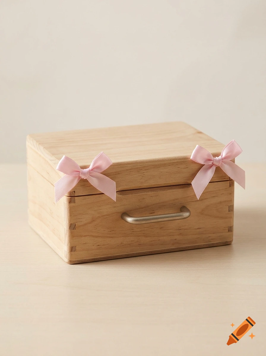 A light wood storage box with a metal handle and two small pink bows attached to the top corners, on a light background.