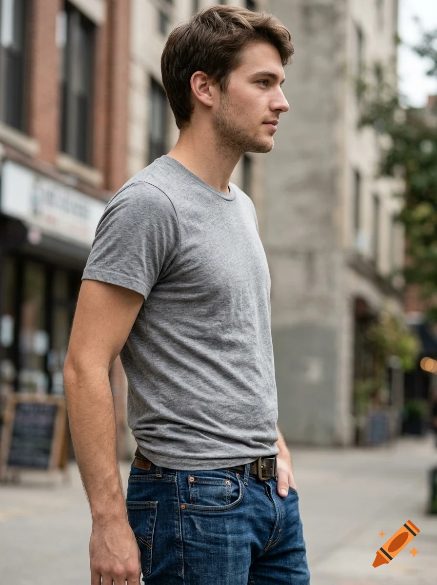 A profile portrait of a young man wearing a grey t-shirt and blue jeans standing outdoors on a city street.