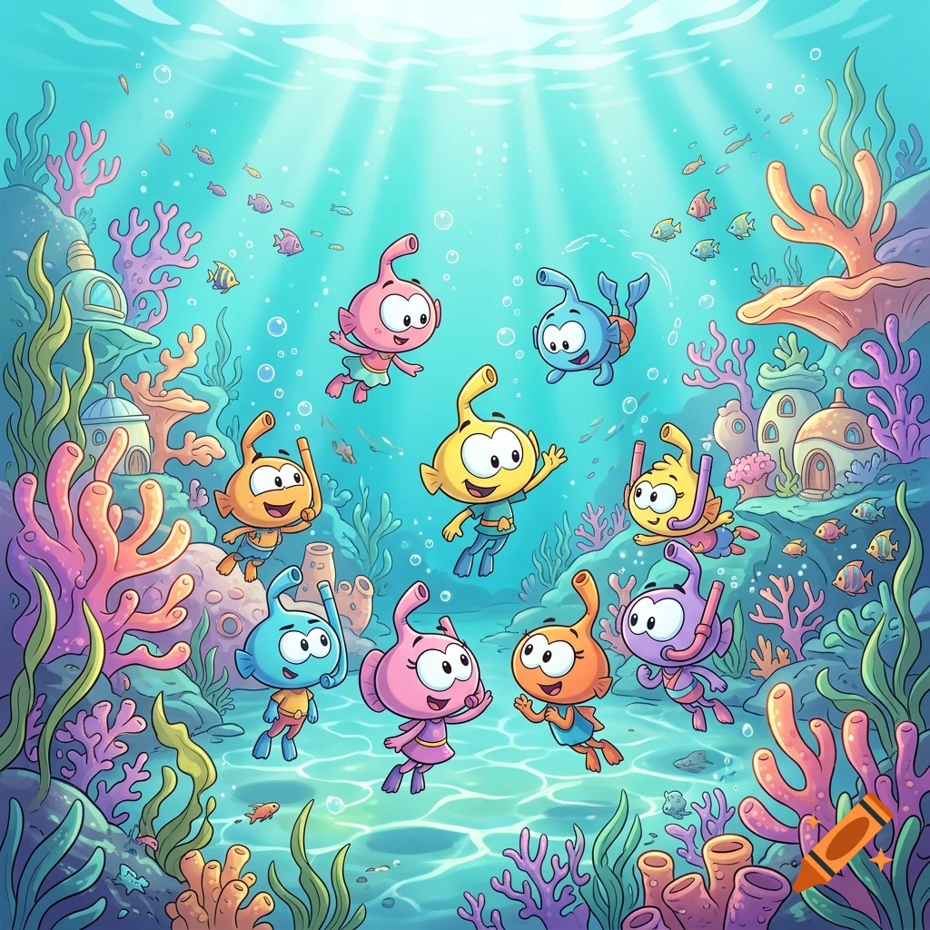 Colorful cartoon illustration of multiple Snorks characters swimming together in a vibrant underwater coral reef.