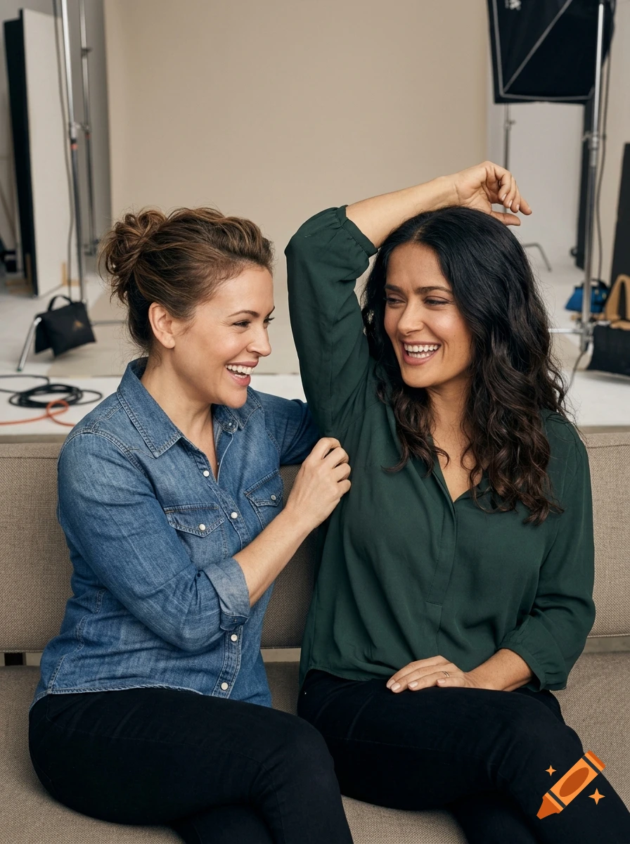 Photorealistic image of two women smiling and interacting in a studio setting.
