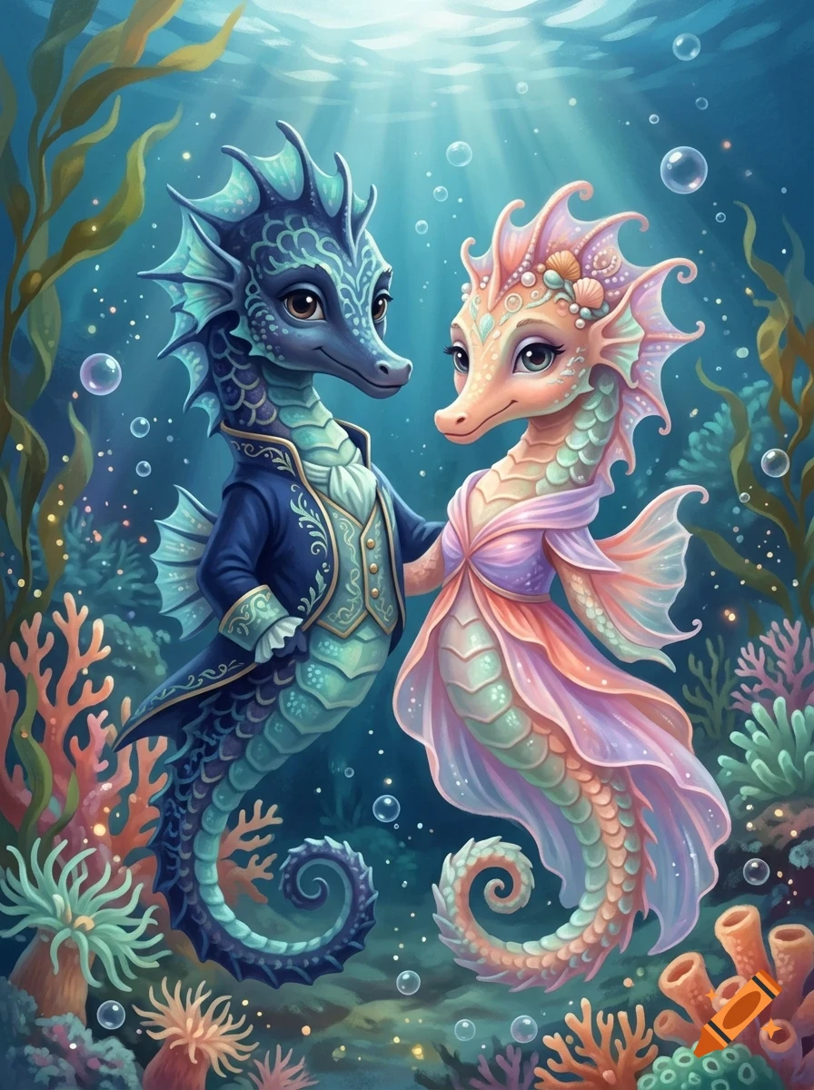 An illustration of two seahorses in wedding attire surrounded by an underwater scene of coral reefs and bubbles.