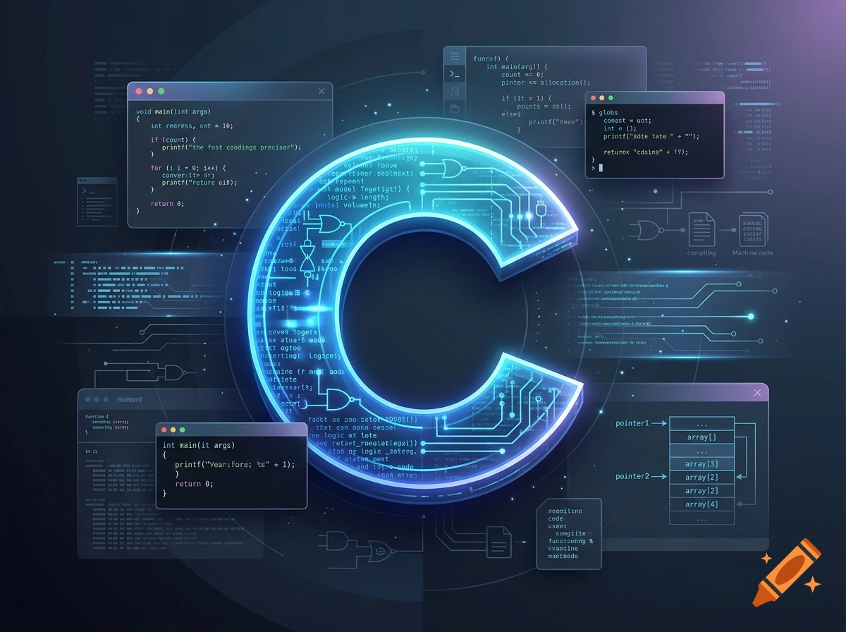 Glowing blue letter C with circuit board patterns surrounded by floating code windows and programming symbols on a dark background.