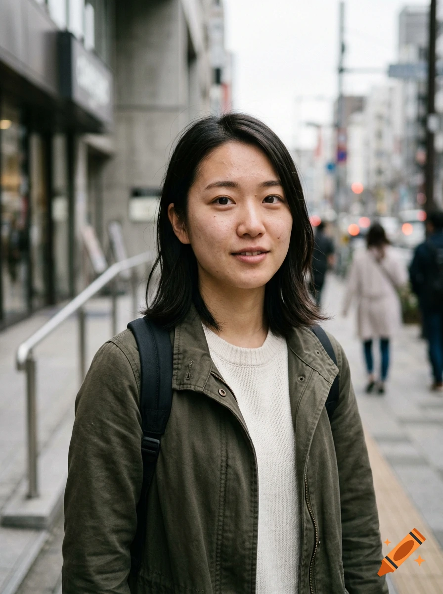 Photorealistic portrait of a young Asian woman standing on a busy city street in Tokyo, wearing a green jacket.