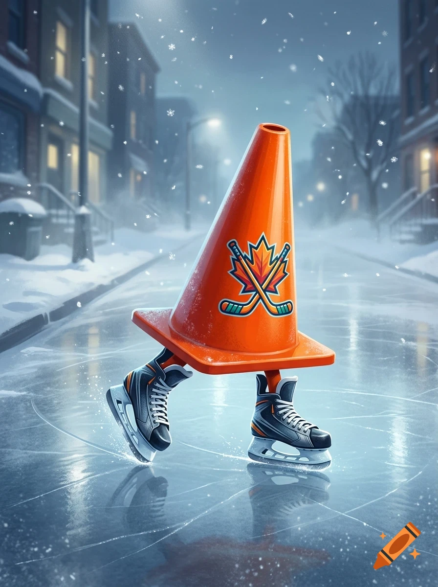 An orange traffic cone with a maple leaf and hockey stick emblem, wearing ice skates, gliding on an icy snowy street at dusk.