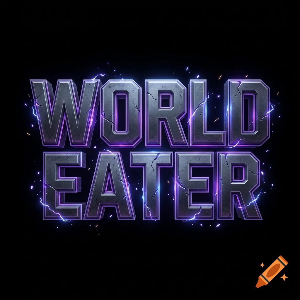 3D metallic futuristic game title logo reading WORLD EATER with glowing purple and electric-blue energy accents on a black background