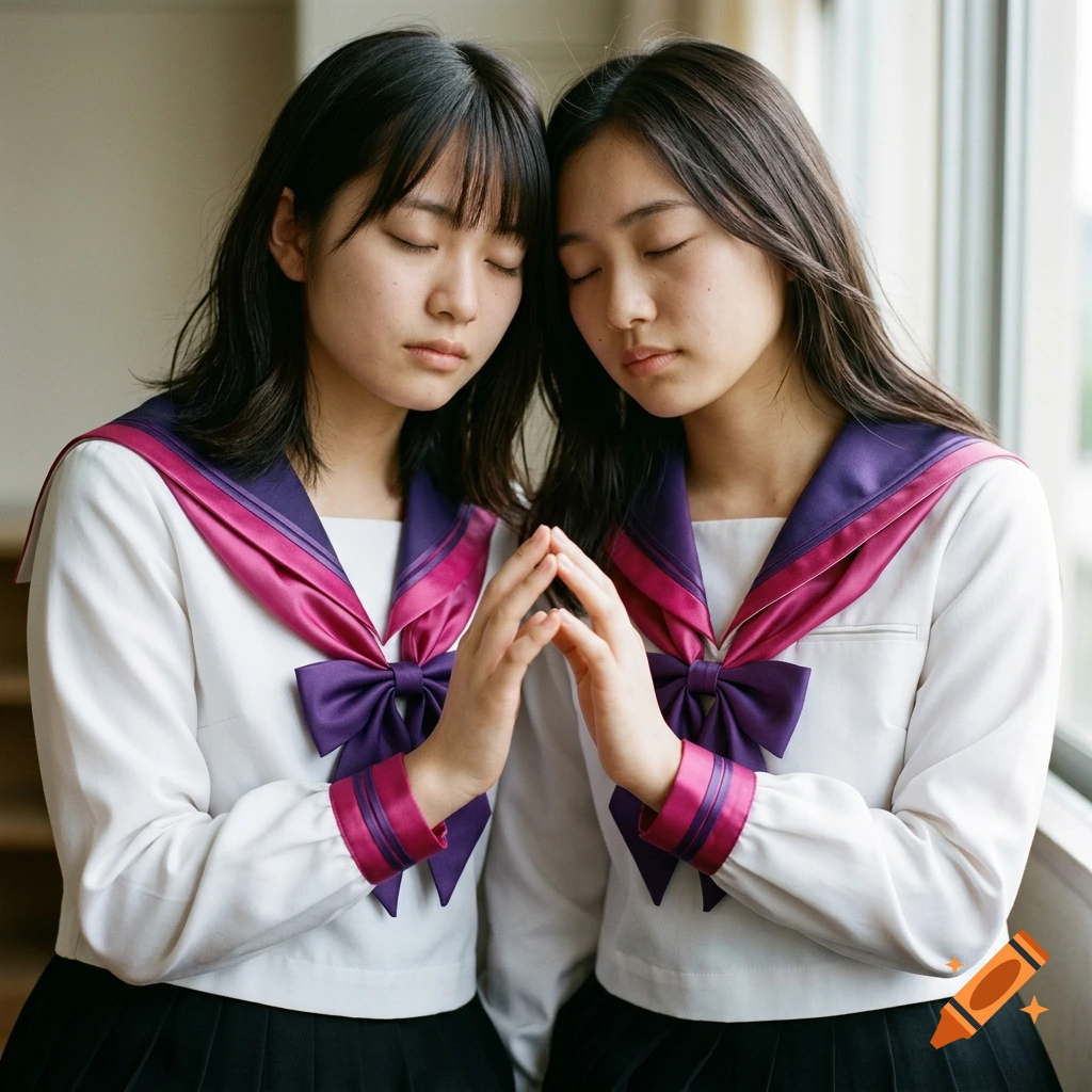 Photorealistic portrait of two young Asian women with closed eyes in school sailor uniforms, touching hands.