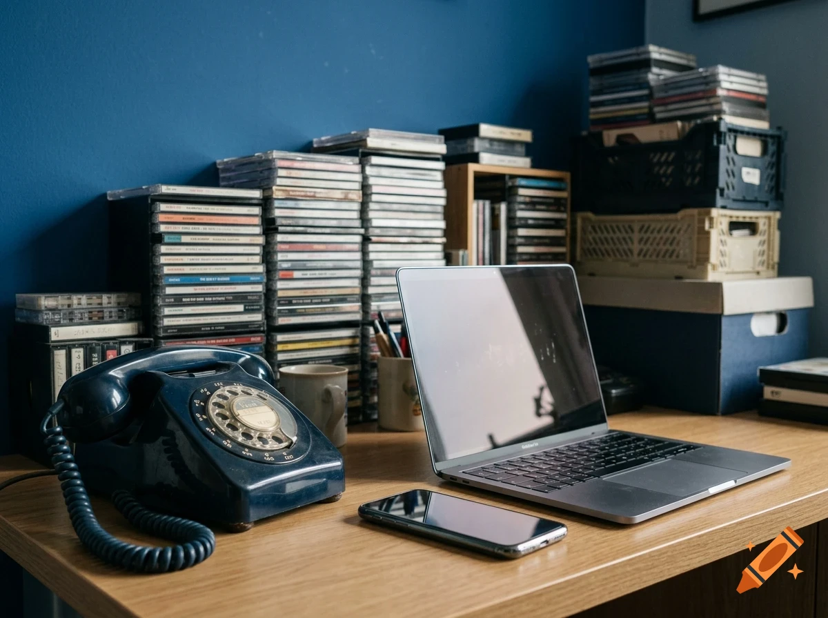 A wooden desk with a laptop, smartphone, vintage rotary telephone, and stacks of CDs in the background against a blue wall.
