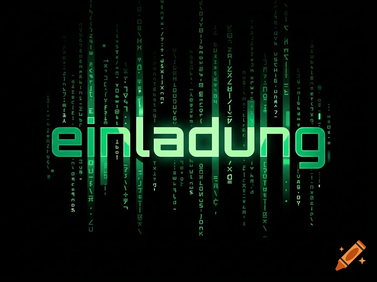 The German word einladung is centered in glowing green text against a black background with falling matrix-style code streams.