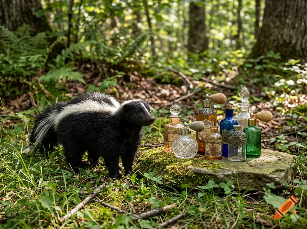 A skunk stands next to a mossy rock displaying vintage perfume bottles in a forest.