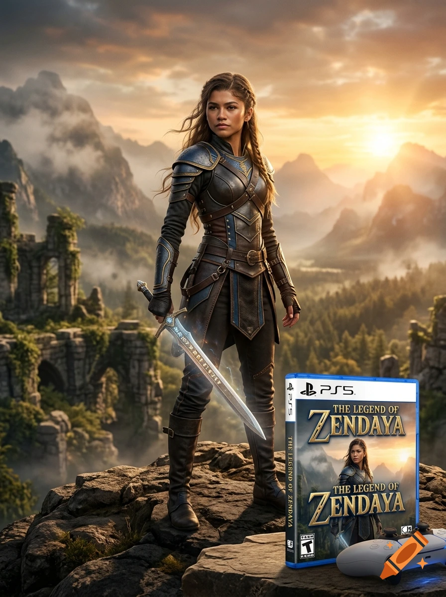 Photorealistic fantasy warrior holding a sword on a cliff, alongside a PlayStation 5 game case titled The Legend of Zendaya.