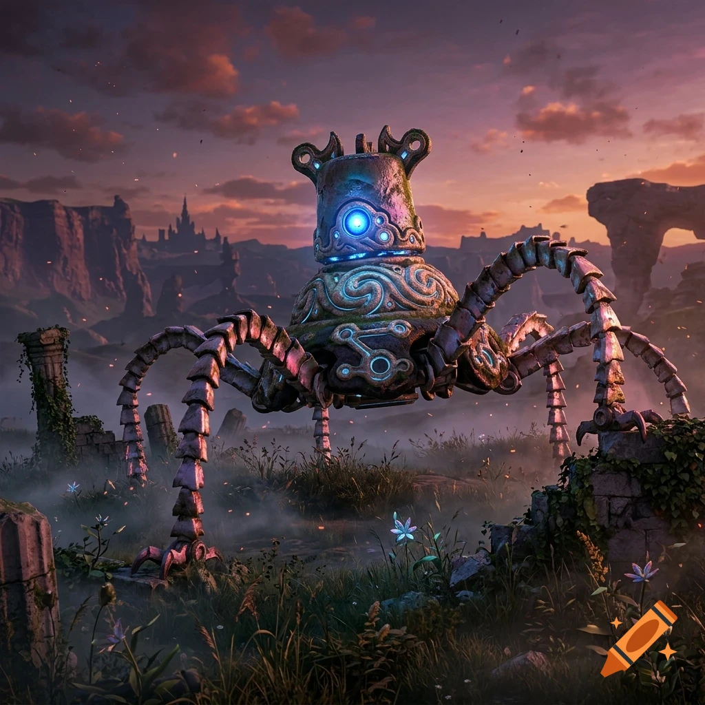 An ancient robotic creature with multiple mechanical legs and a glowing blue eye stands in a ruined landscape at sunset.