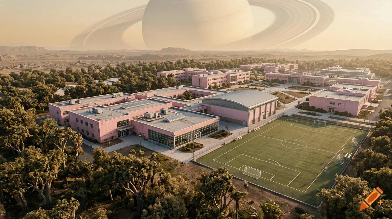 Photorealistic aerial view of a pink school campus with a football field on a planet with rings in the sky.