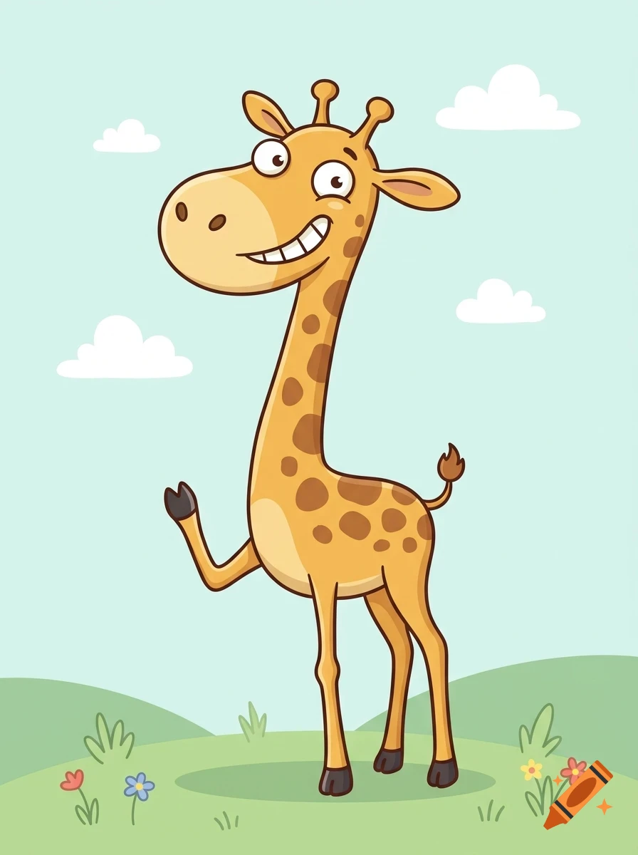Cartoon illustration of a smiling giraffe standing in a grassy field with clouds in the sky.