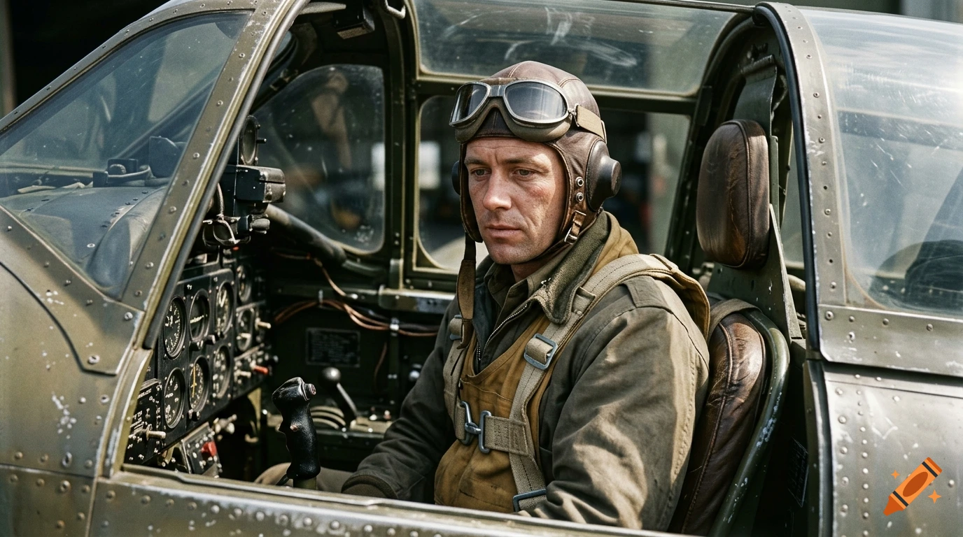 Photorealistic 1945 archive style photo of a military pilot wearing a leather helmet and goggles inside a vintage airplane cockpit.