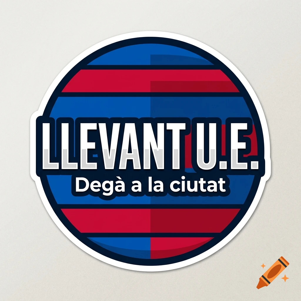 A circular sticker with blue and red horizontal stripes, featuring the text 'LLEVANT U.E.' and 'Degà a la ciutat'.