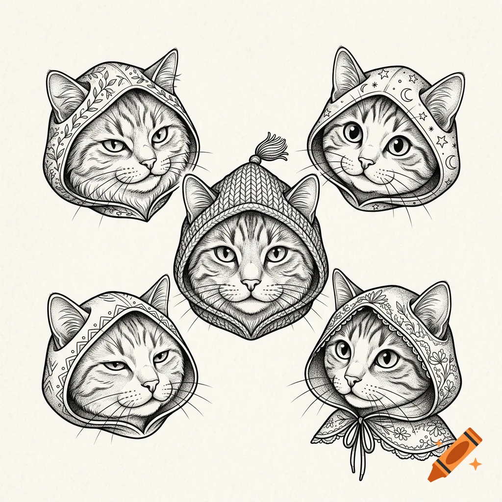 An illustration of five cats wearing different patterned hoods and hats, rendered in a detailed line art stippling style.