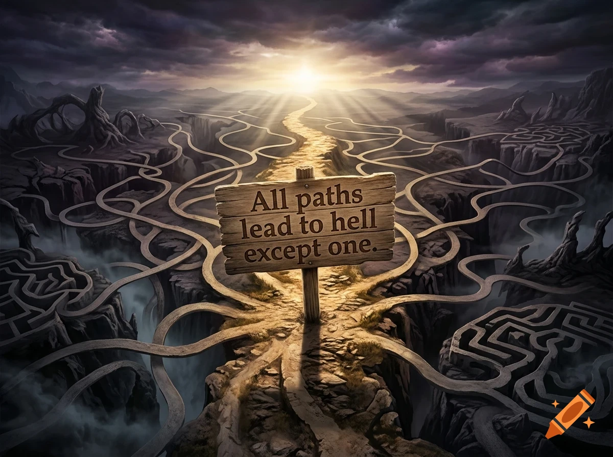 A wooden sign on a rocky cliff reads All paths lead to hell except one., overlooking a complex labyrinth of winding paths under a dramatic stormy sky with a bright horizon.