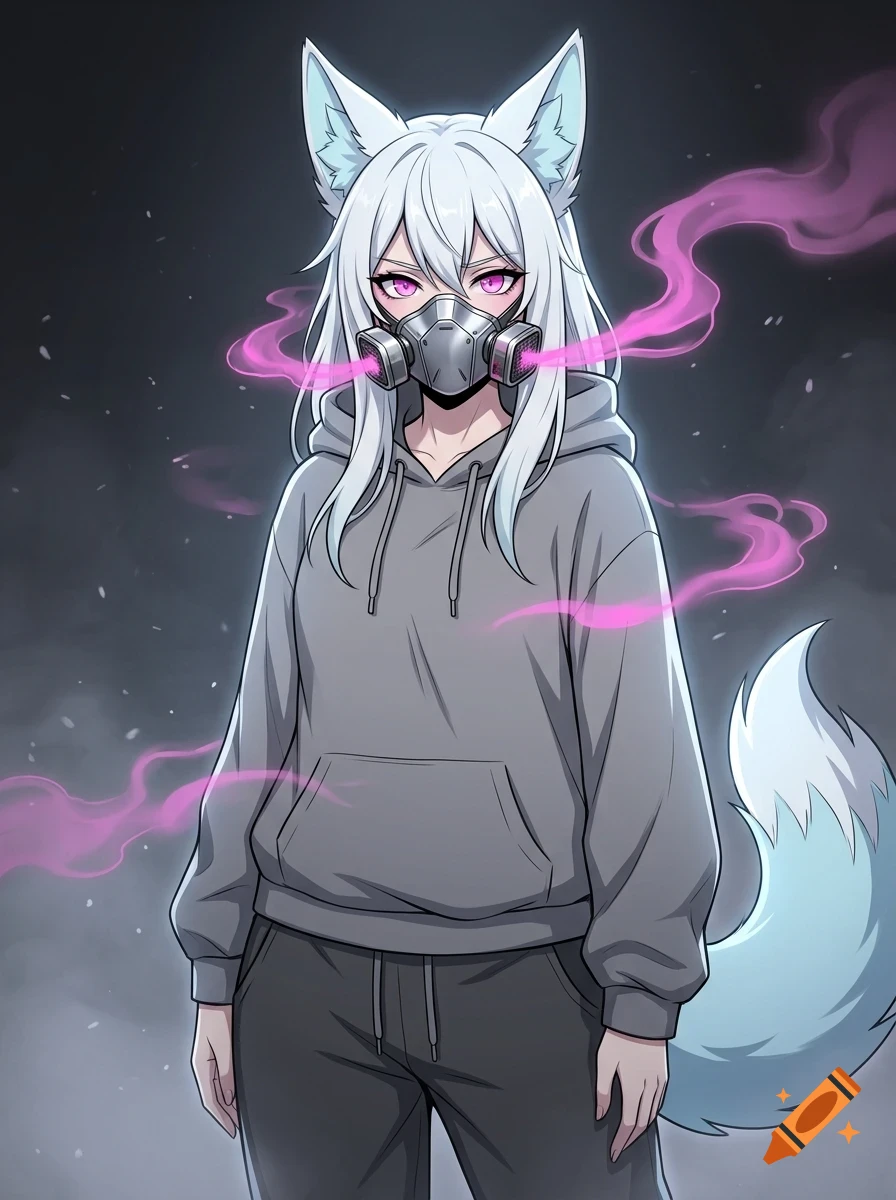 An anime-style character with white hair, animal ears, and a fluffy tail, wearing a grey hoodie and a gas mask with pink smoke swirling around them.