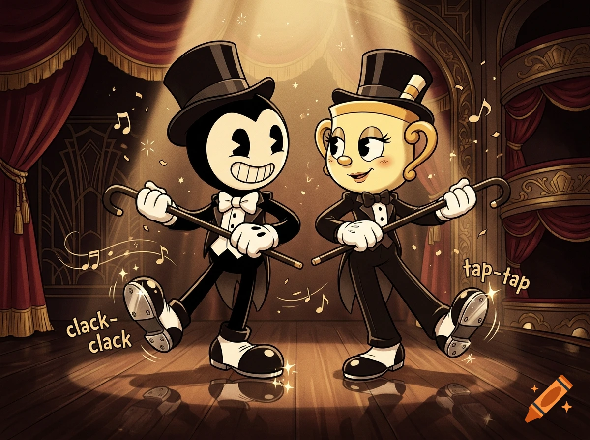 Bendy and Ms. Chalice in top hats and tuxedos tap dancing on a stage in vintage cartoon style.