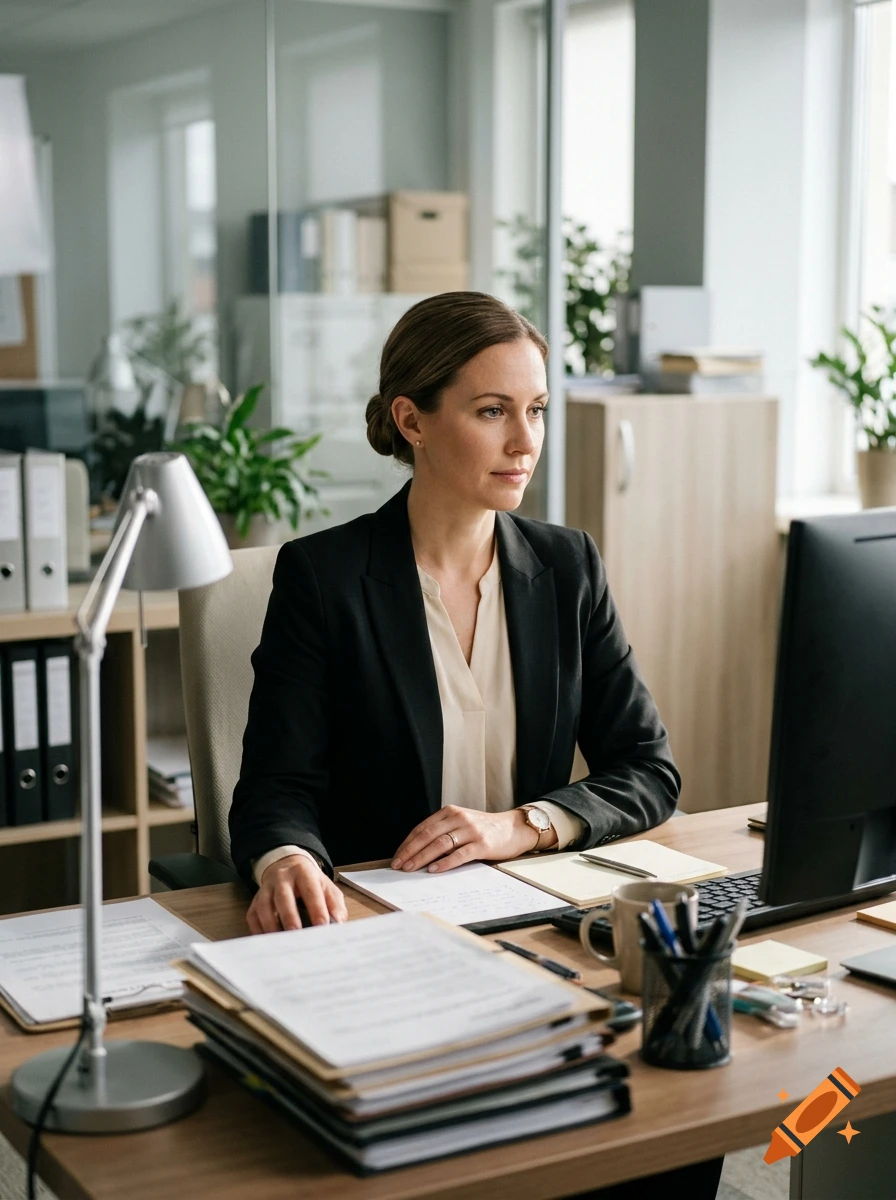 Photorealistic image of a professional woman in a black blazer sitting at an office desk with paperwork and a computer.