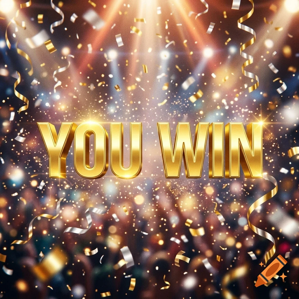 Golden 3D text reading YOU WIN centered on a festive background filled with falling confetti, streamers, and bright stage lights.