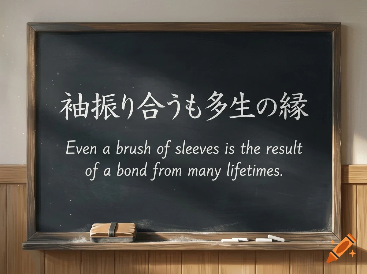 A chalkboard with Japanese text and its English translation reading 'Even a brush of sleeves is the result of a bond from many lifetimes.'