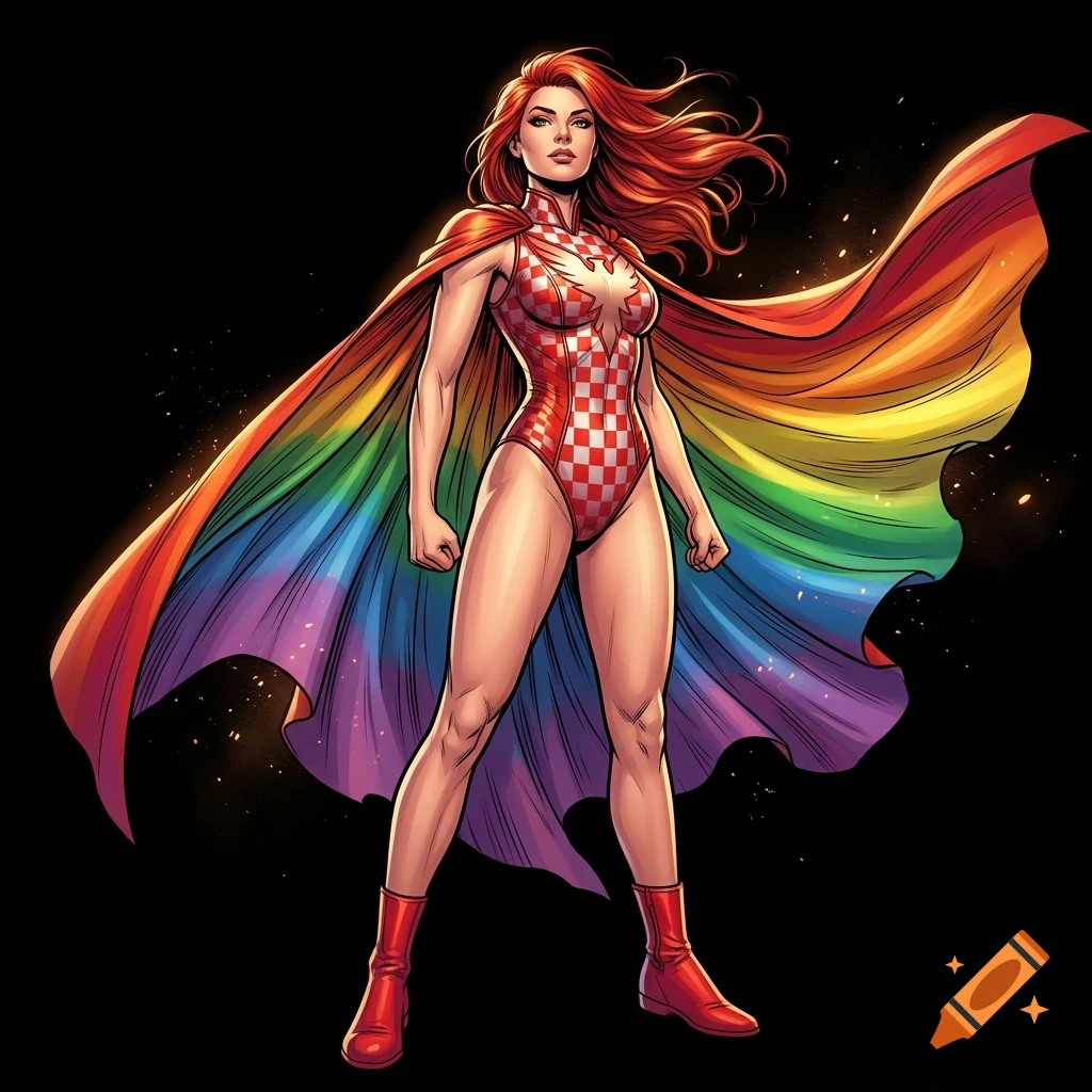 A full-length illustration of a female superhero with long red hair wearing a red-and-white checkered leotard, red boots, and a flowing rainbow-colored cape against a black background.