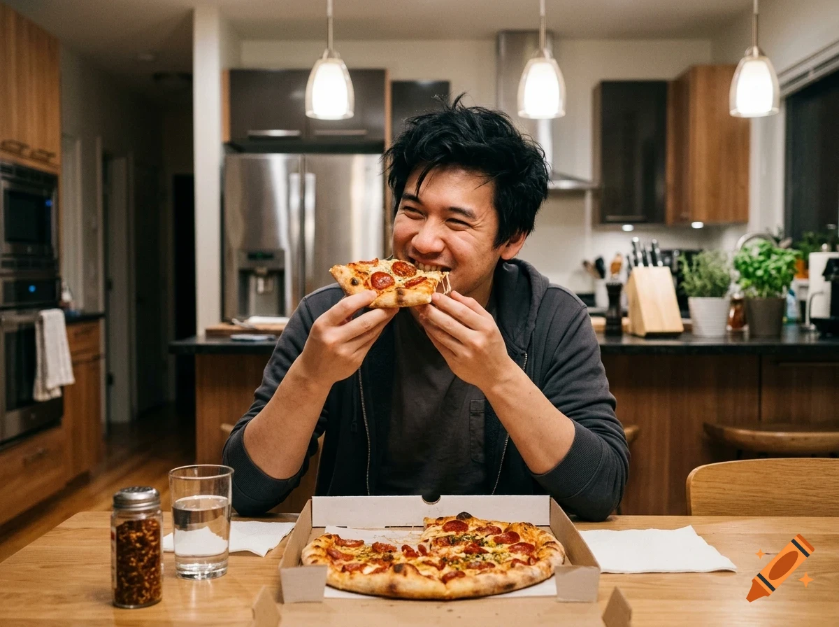 A young man sitting at a kitchen table happily eats a slice of pepperoni pizza from an open box.