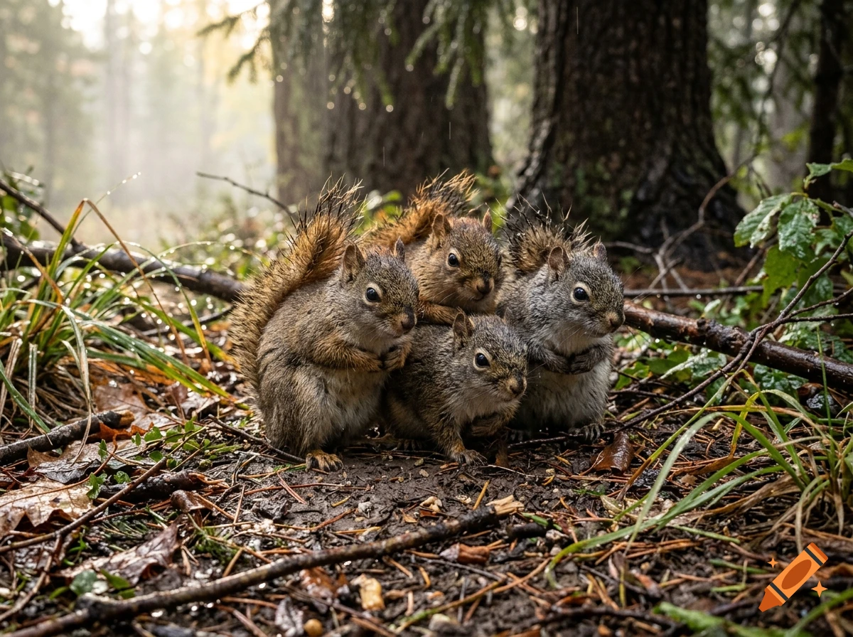 A close-up photorealistic image of a group of four shivering squirrels huddled together on a muddy, leaf-strewn forest floor.