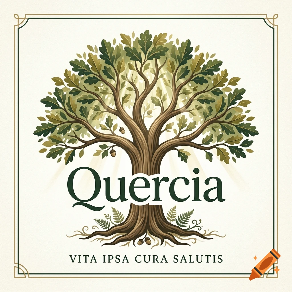 Logo of an oak tree with the text Quercia and Vita Ipsa Cura Salutis, framed in a vintage plaque style, illustration.