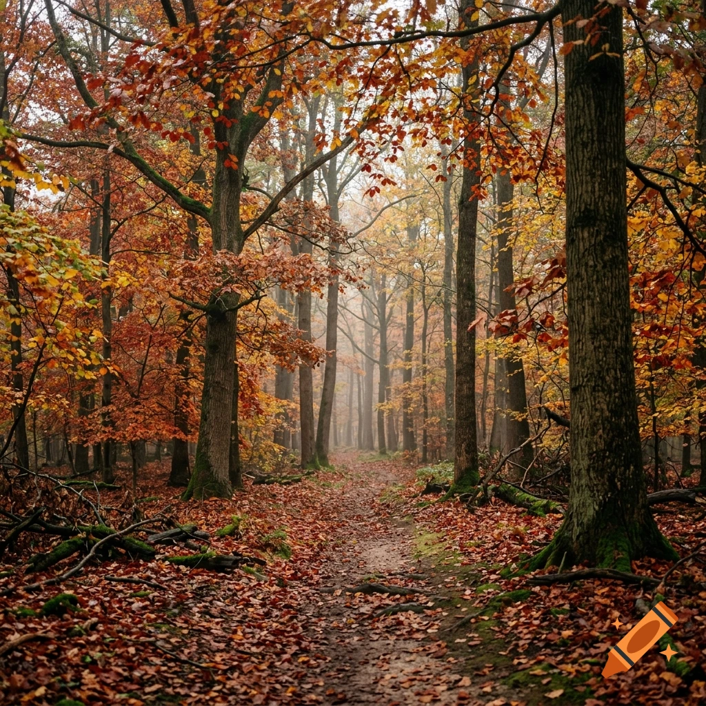 Photorealistic autumn forest path covered in fallen brown and red leaves between tall trees.