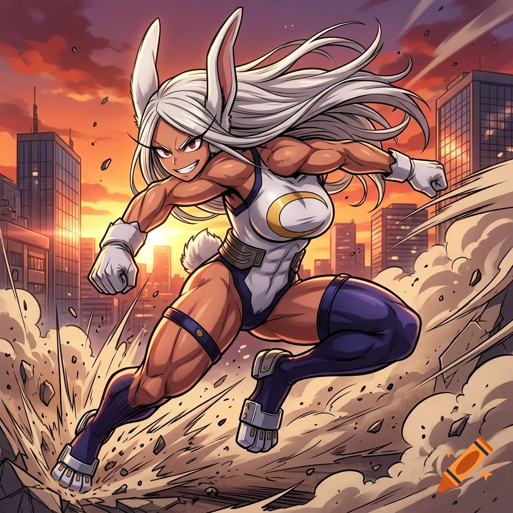 An anime-style female character with long white hair and rabbit ears in a dynamic running pose amidst city ruins.